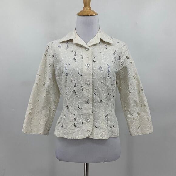 Cabi Jacket Women Small Off White Portrait Lace Floral 3/4 Sleeve Cropped Button - Picture 2 of 15